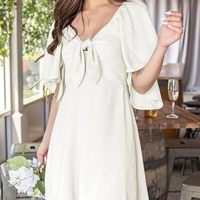 V-neck Mini Dress with Bow Tie and Short Sleeves