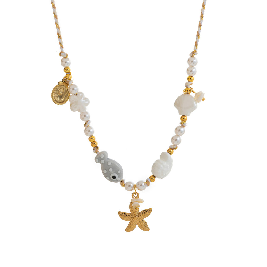 Colored Fabric Fan-shaped Seashell Gold Necklace & Bracelet Set
