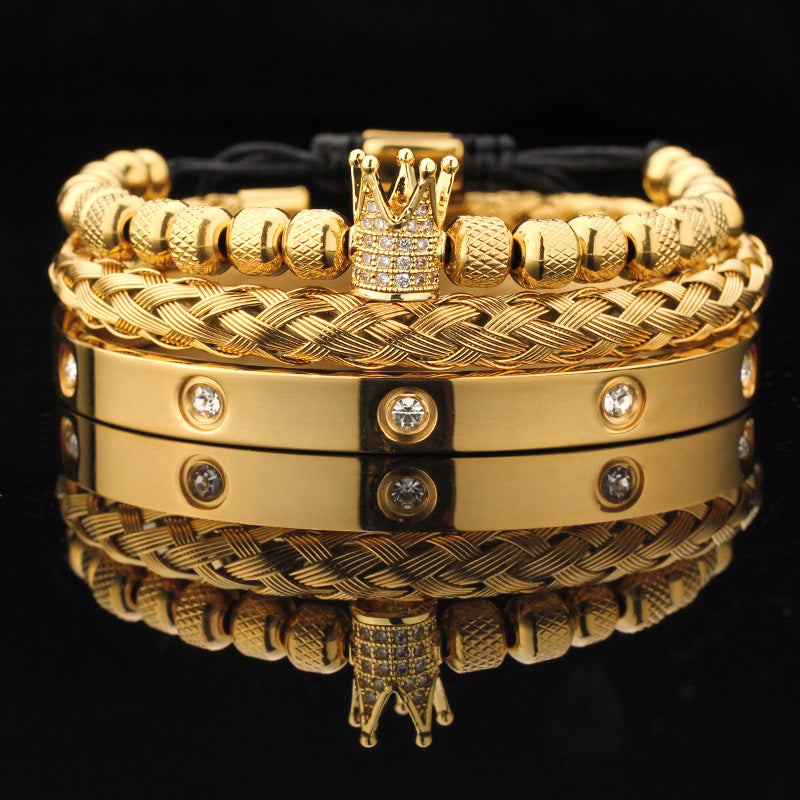 Vintage Copper Zirconium Crown Woven Bracelet Suit