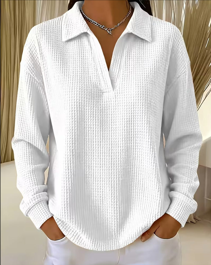 V-neck Waffle-knit Long-sleeve Plus-size Women's Top