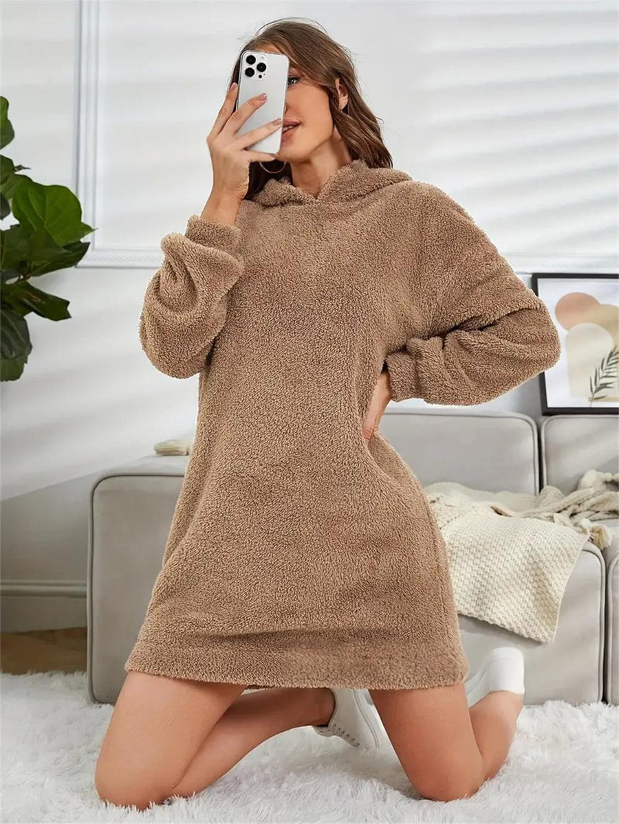 Womens Hooded Long-sleeve Plush Dress for Comfort