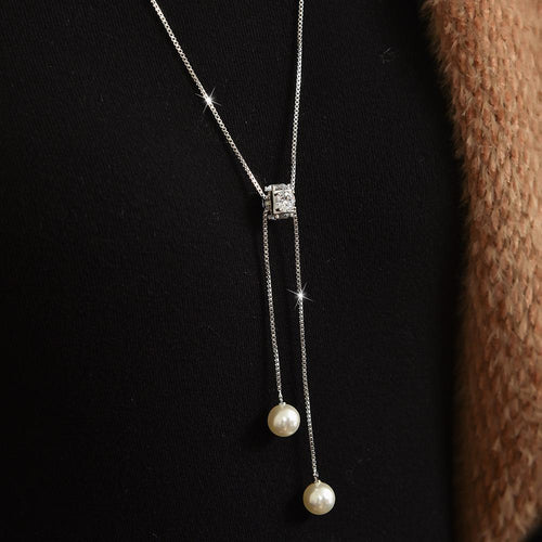 Dainty Adjustable Sweater Chain with Double Pearl Tassel Necklace