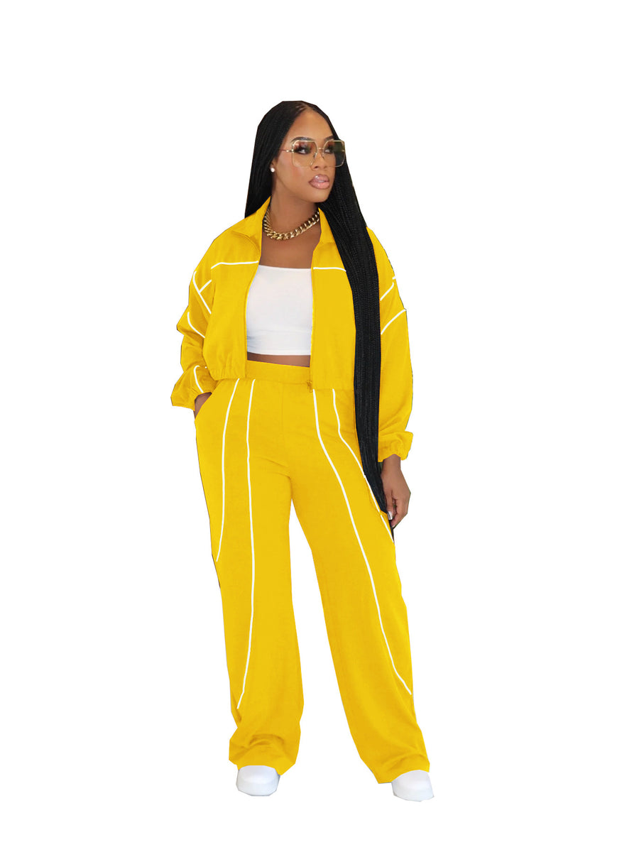 Fashionable Color-block Top and Pants Two-piece Set