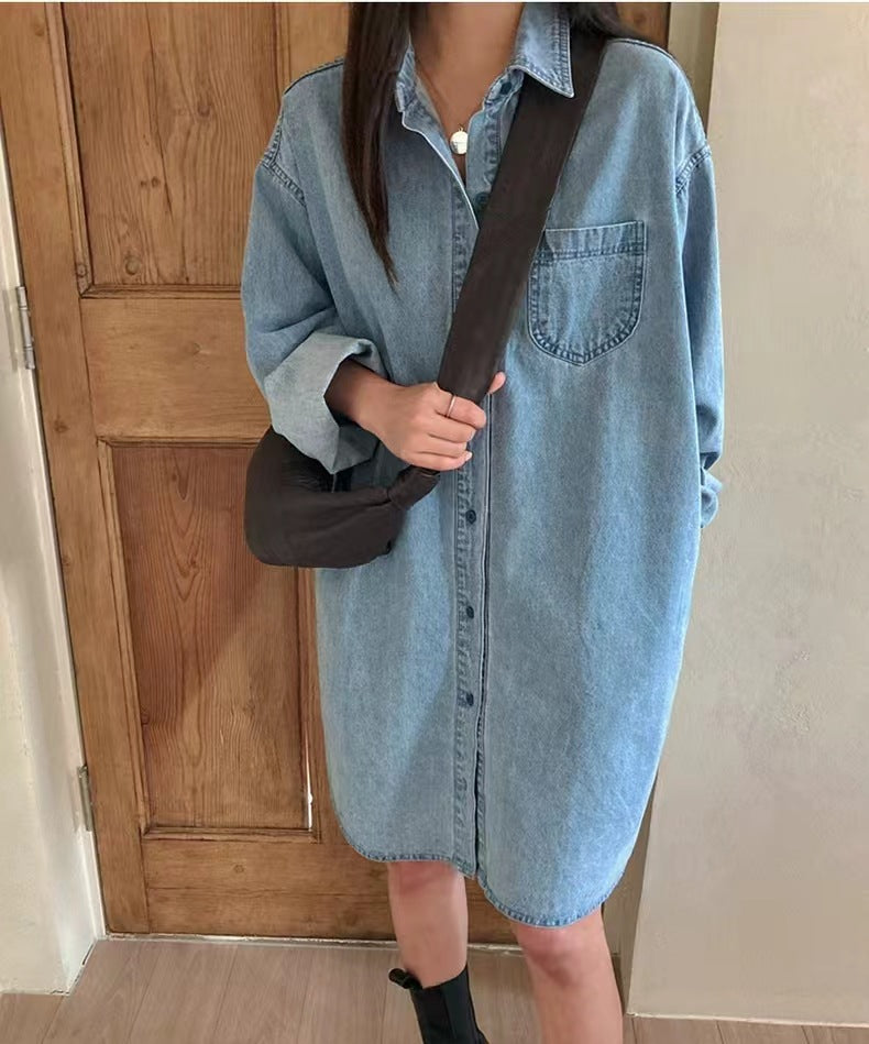 Womens Retro Casual Long-Sleeve Lapel Shirt Dress