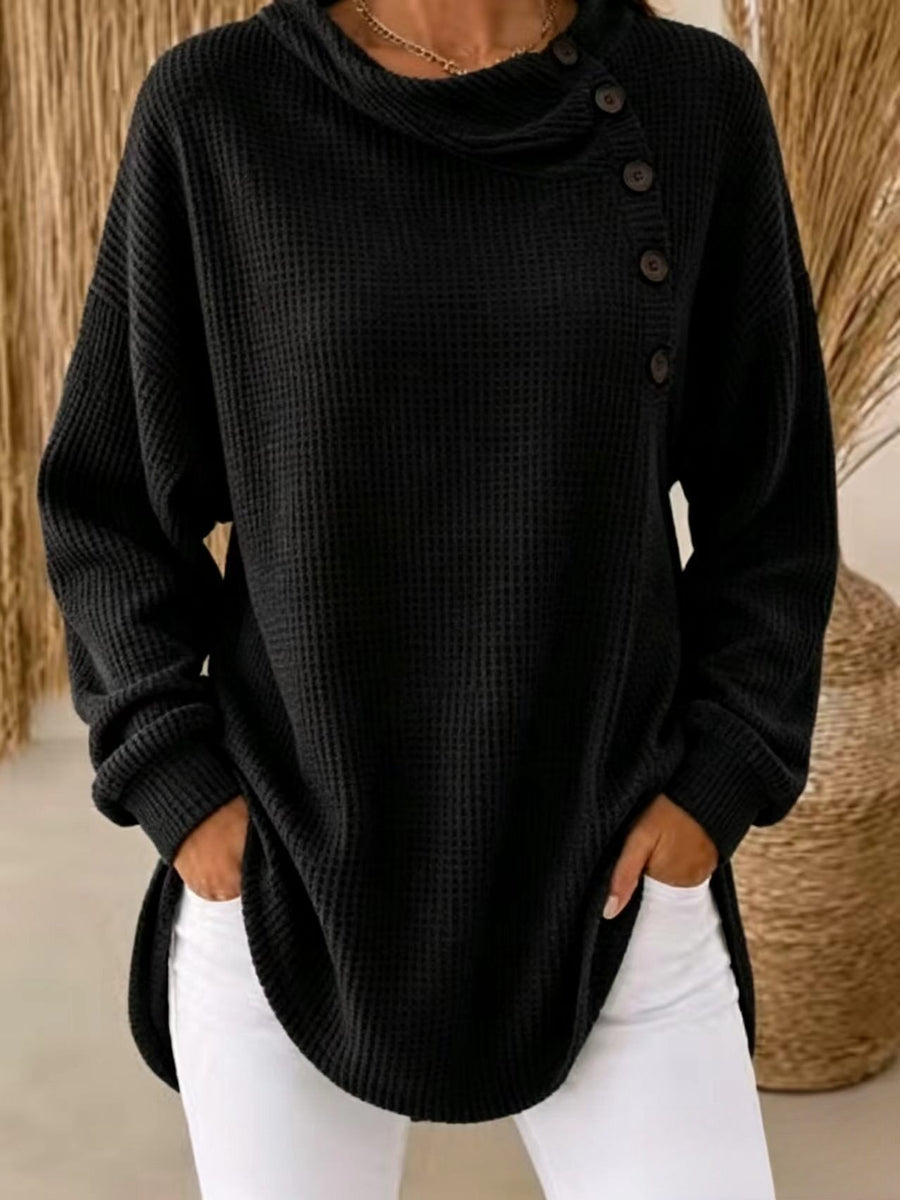 Womens Solid-Color Waffle-Weave Long-Sleeve Casual Shirt