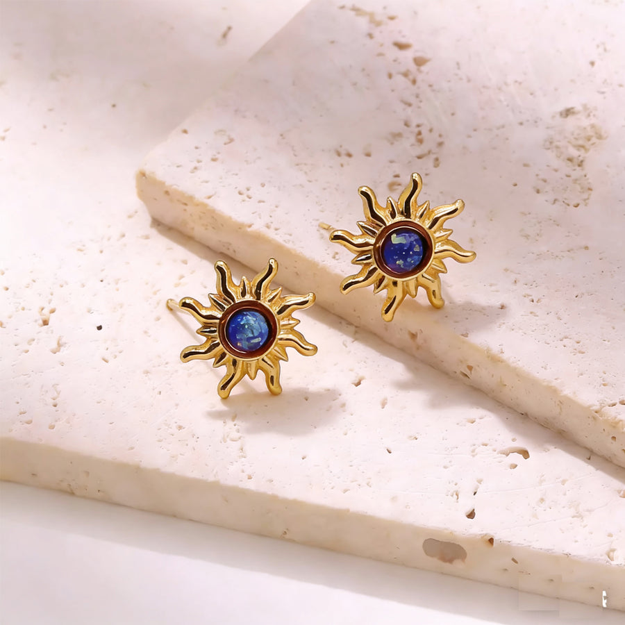 Women Vintage Sun Stud Earrings with Inlaid Crystals