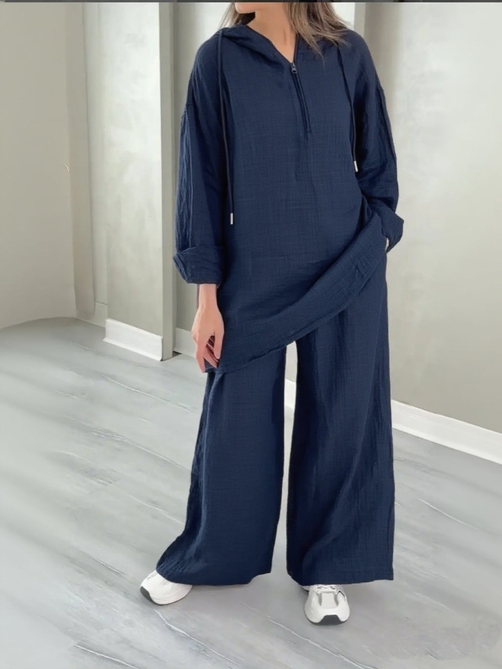 Half-Zip Top and Wide-Leg Pants Set - Trendy Ring Set