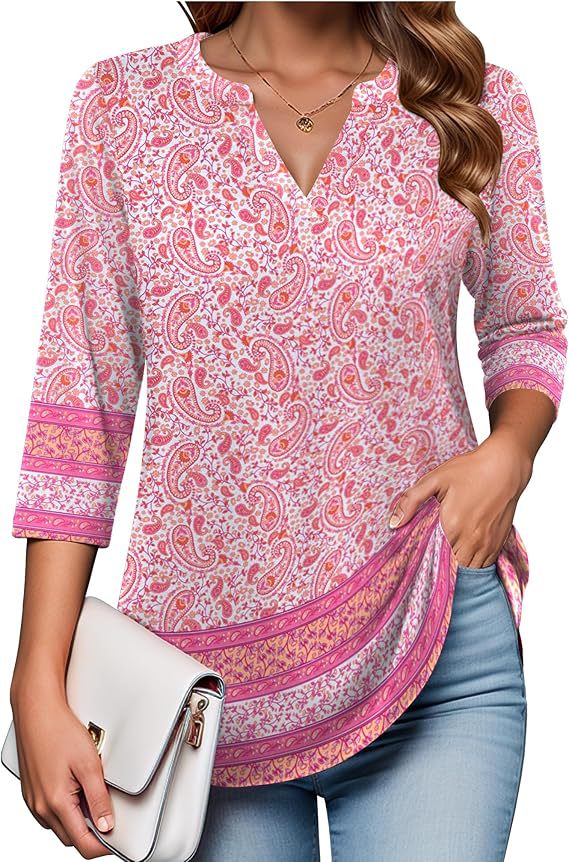 Womens Digital-Print Mid-Sleeve V-Neck Top - Trendy Tank Top
