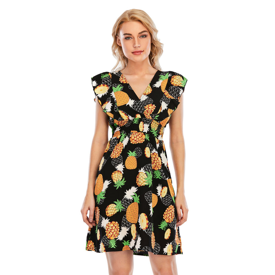 Elegant V-neck Chiffon Printed Ruffled Sleeveless Dress