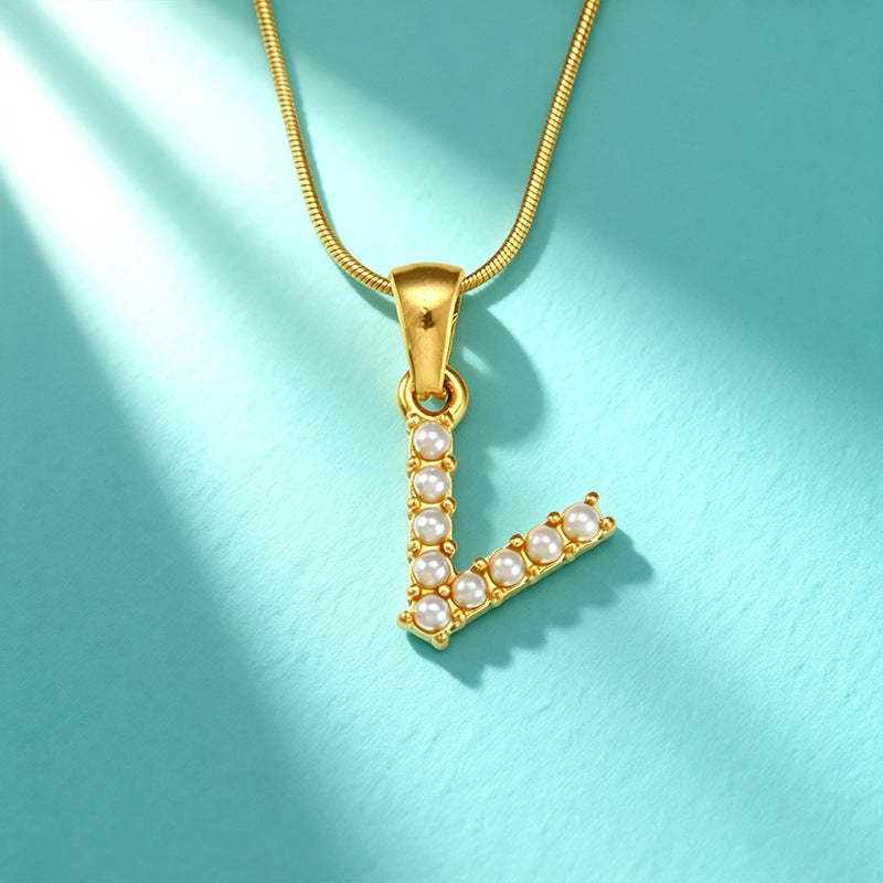 18K Gold Pearl 26-Letter Necklace for Women