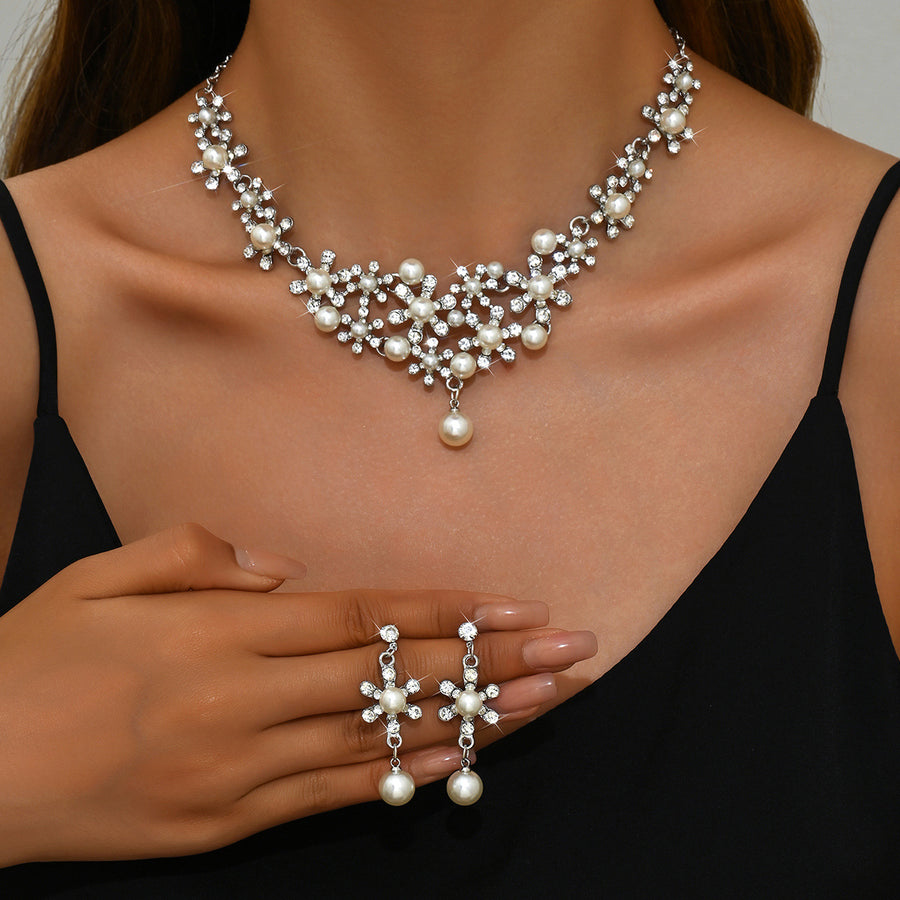 Gold Branch Vine Simulated Pearl Necklace Jewelry Set
