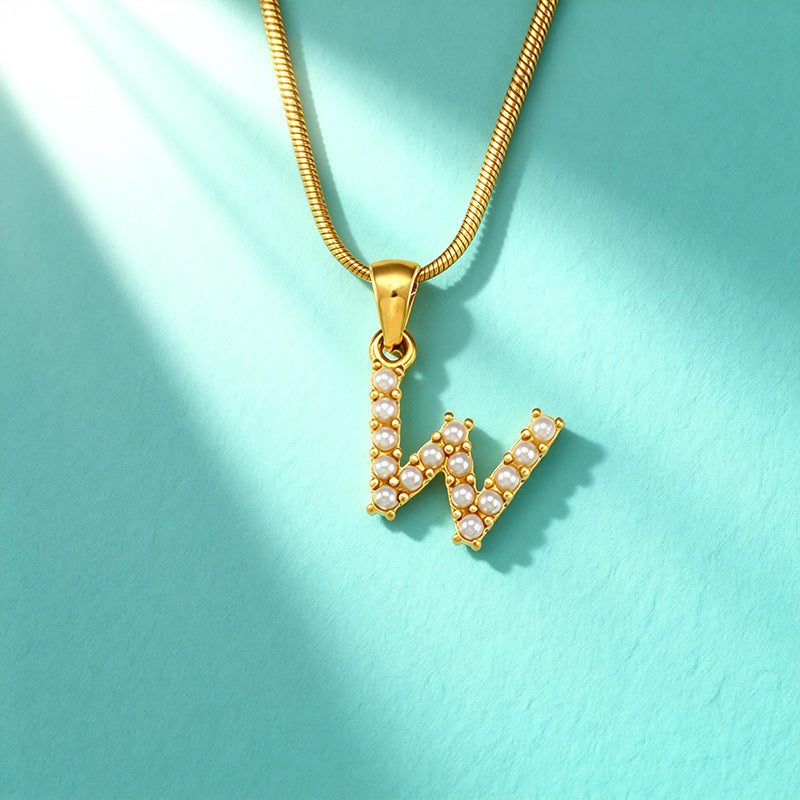 18K Gold Pearl 26-Letter Necklace for Women