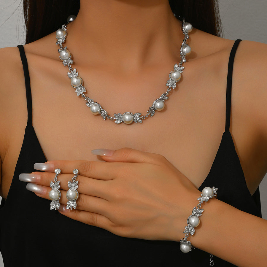 Gold Branch Vine Simulated Pearl Necklace Jewelry Set