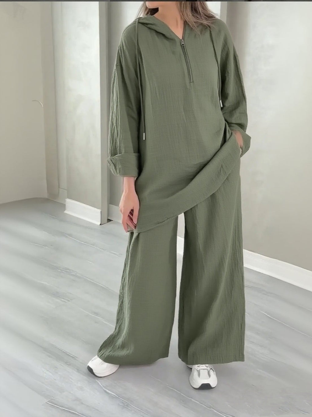 Half-Zip Top and Wide-Leg Pants Set - Trendy Ring Set