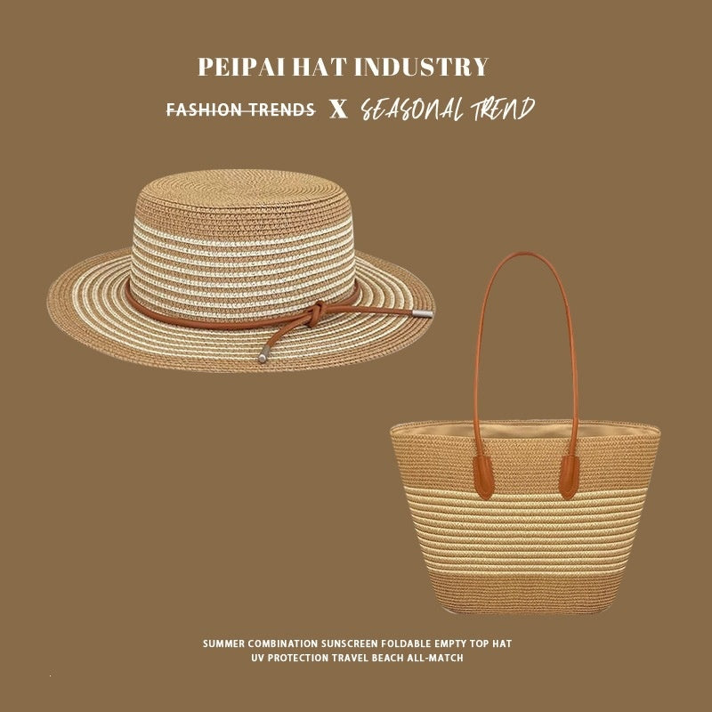 Womens Spring Summer Straw Hat and Large-capacity Bag Set