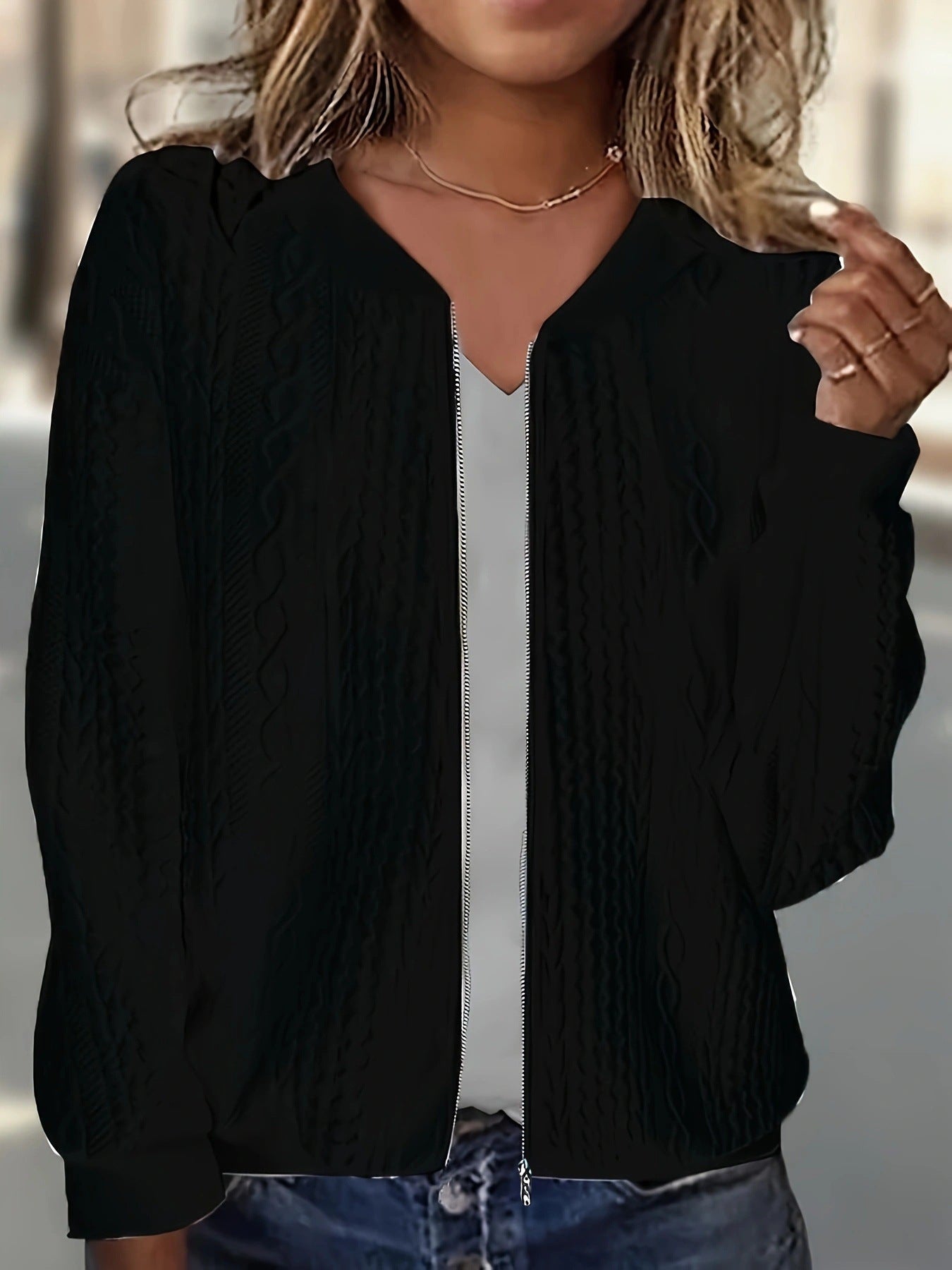 Womens Plus-size Zip-up Cable-knit Long-sleeve Jacket