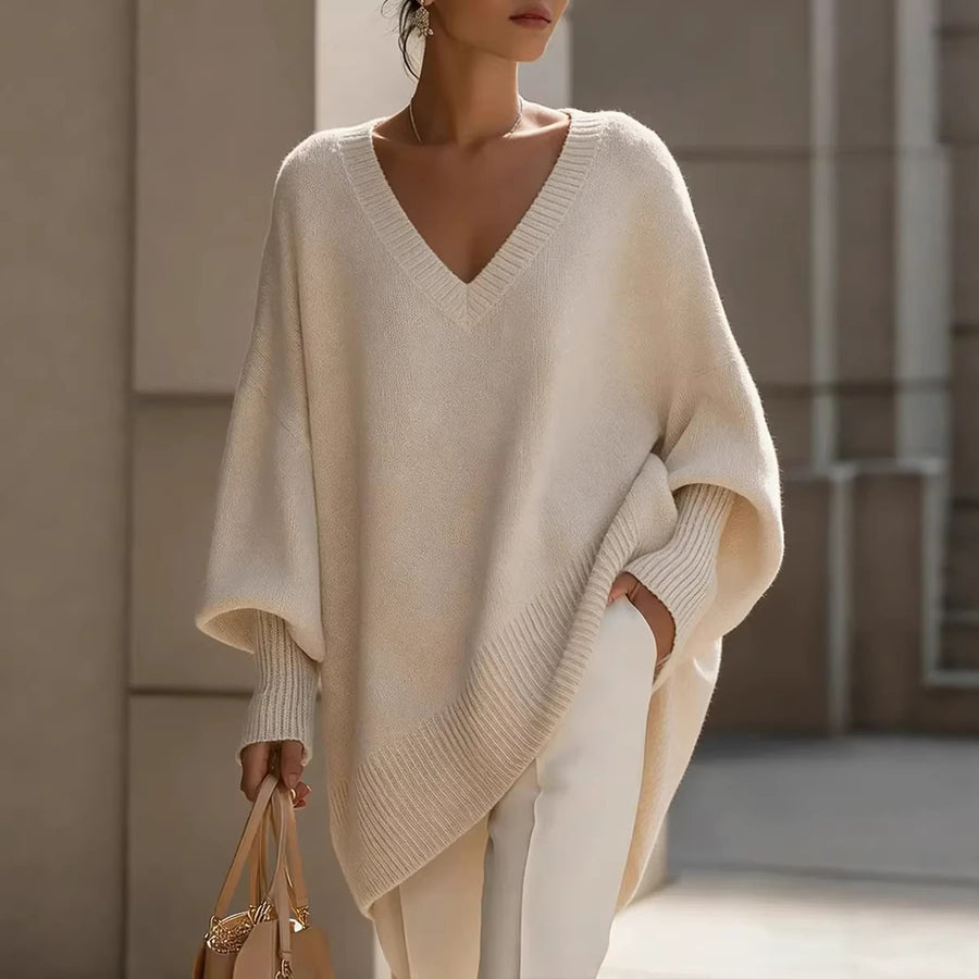 Solid-color Long-sleeve V-neck Sweater Dress for Women