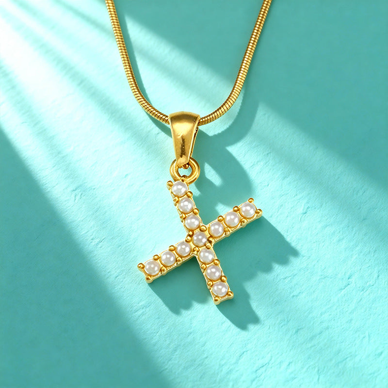 18K Gold Pearl 26-Letter Necklace for Women