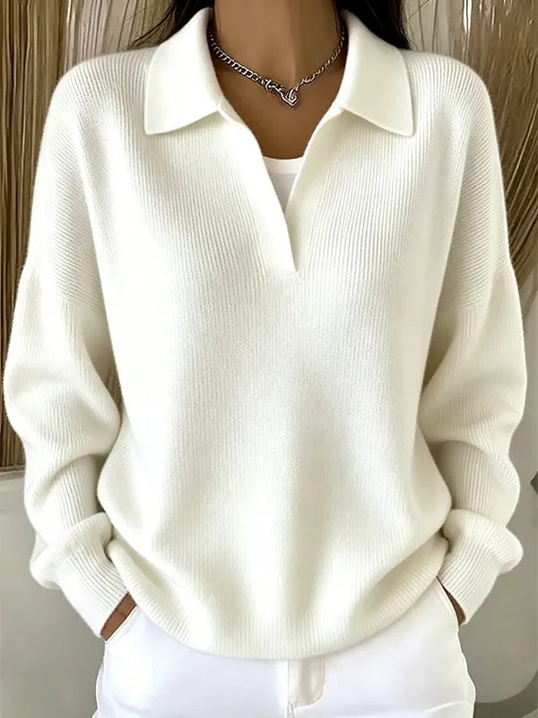 Turn-down Ribbed Knit Sweater - Casual V-neck Pullover