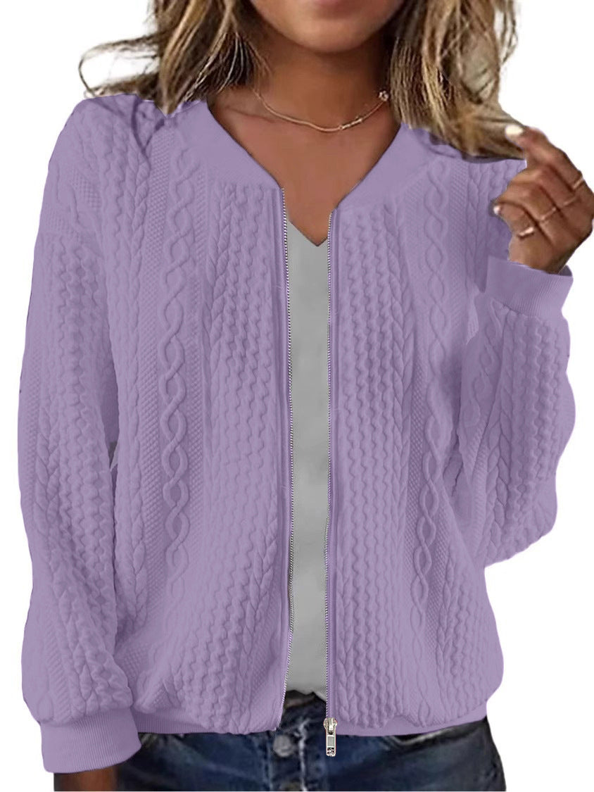 Womens Plus-size Zip-up Cable-knit Long-sleeve Jacket