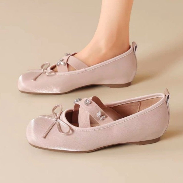 French Gentle Style Satin Ballet Flats with Rhinestone Bow