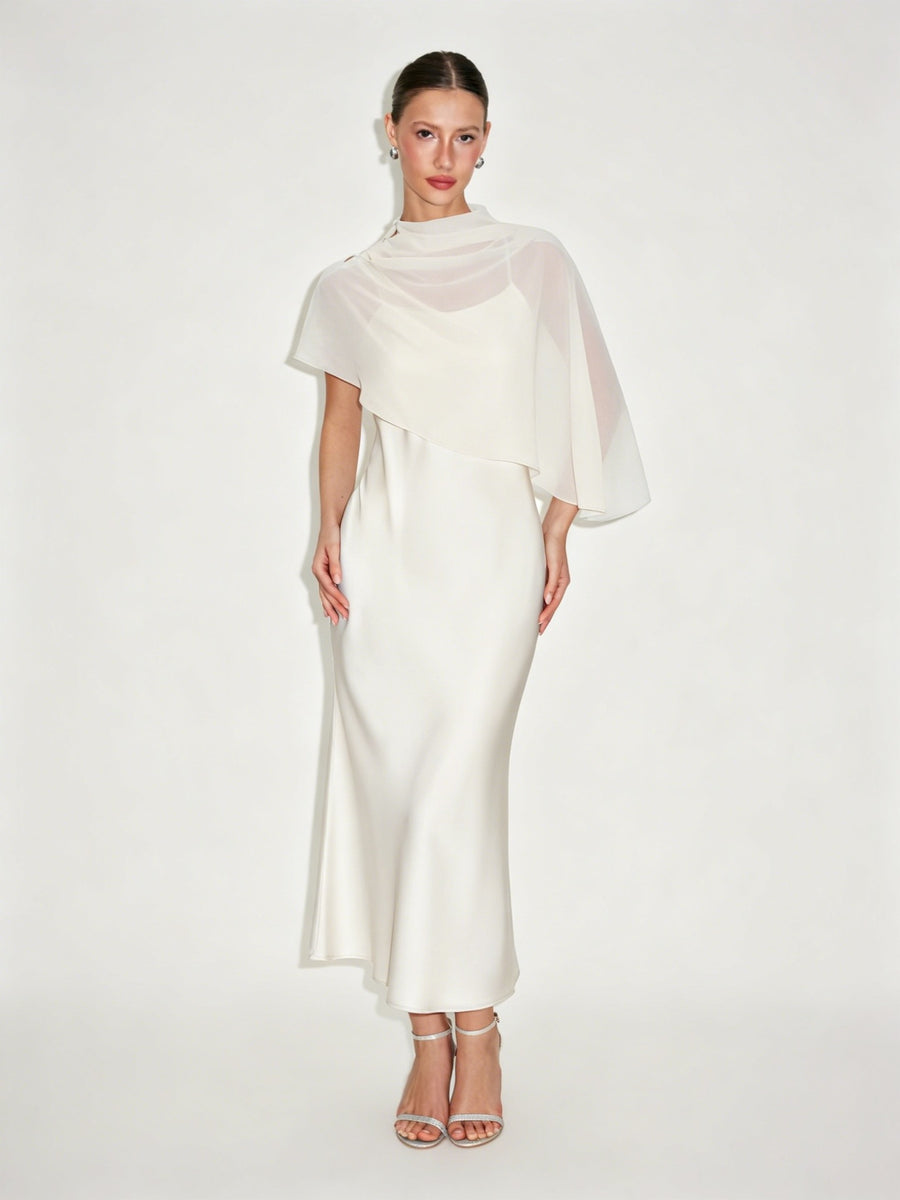 Light Luxury Style Cape Shoulder Maxi Dress for Women