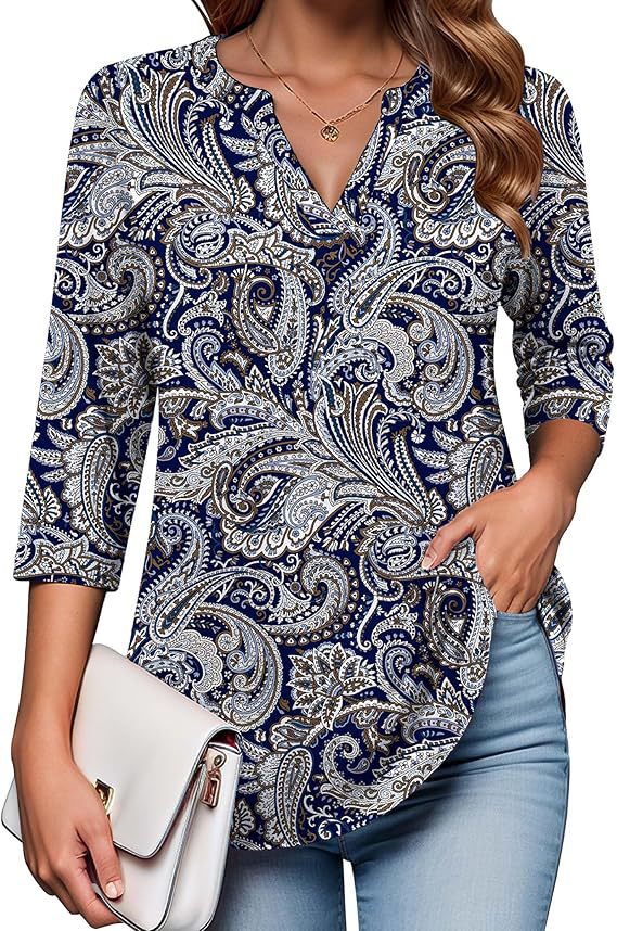 Womens Digital-Print Mid-Sleeve V-Neck Top - Trendy Tank Top