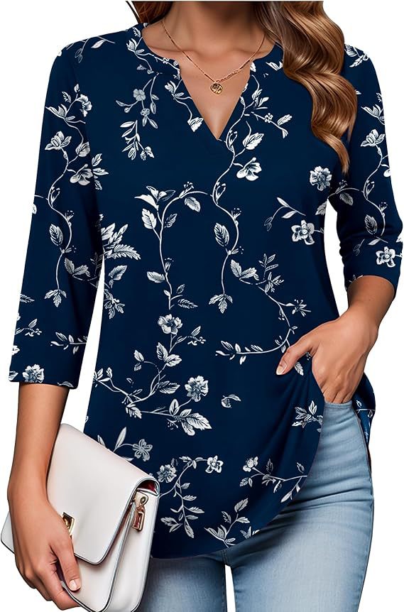 Womens Digital-Print Mid-Sleeve V-Neck Top - Trendy Tank Top