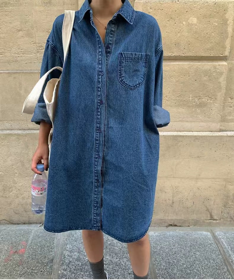 Womens Retro Casual Long-Sleeve Lapel Shirt Dress