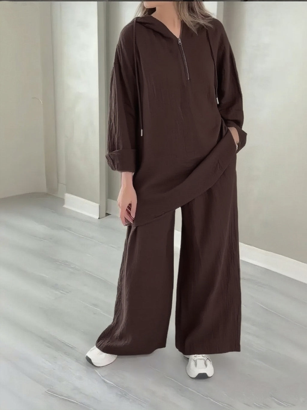 Half-Zip Top and Wide-Leg Pants Set - Trendy Ring Set