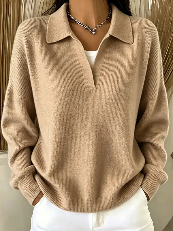 Turn-down Ribbed Knit Sweater - Casual V-neck Pullover