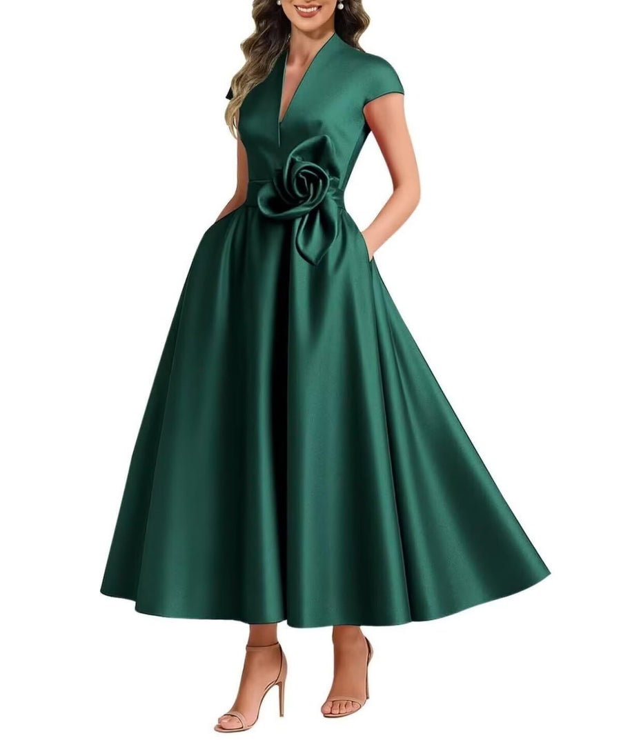 Satin Three-Dimensional Flower Dress for Women - Elegant Style