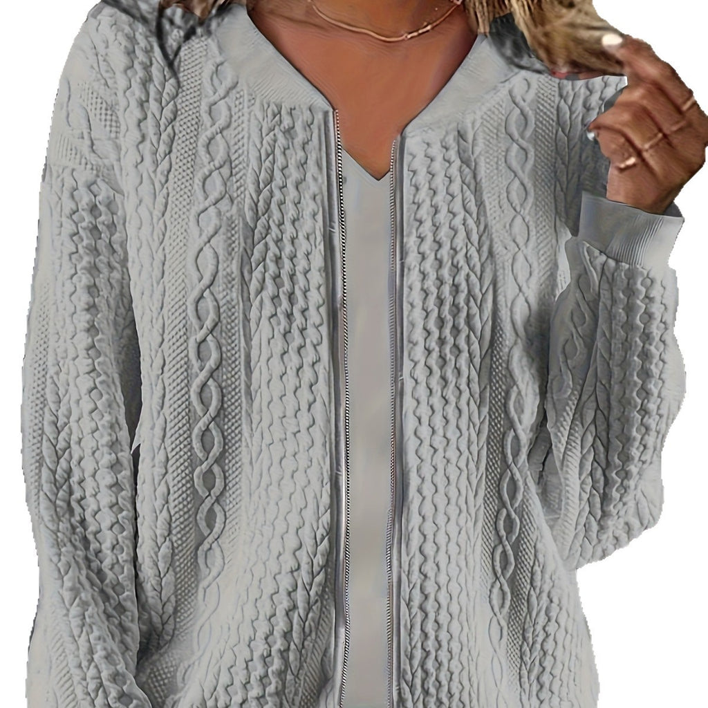 Womens Plus-size Zip-up Cable-knit Long-sleeve Jacket