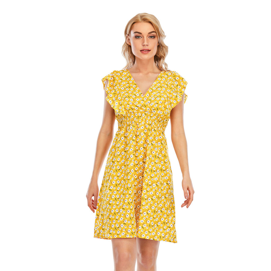 Elegant V-neck Chiffon Printed Ruffled Sleeveless Dress