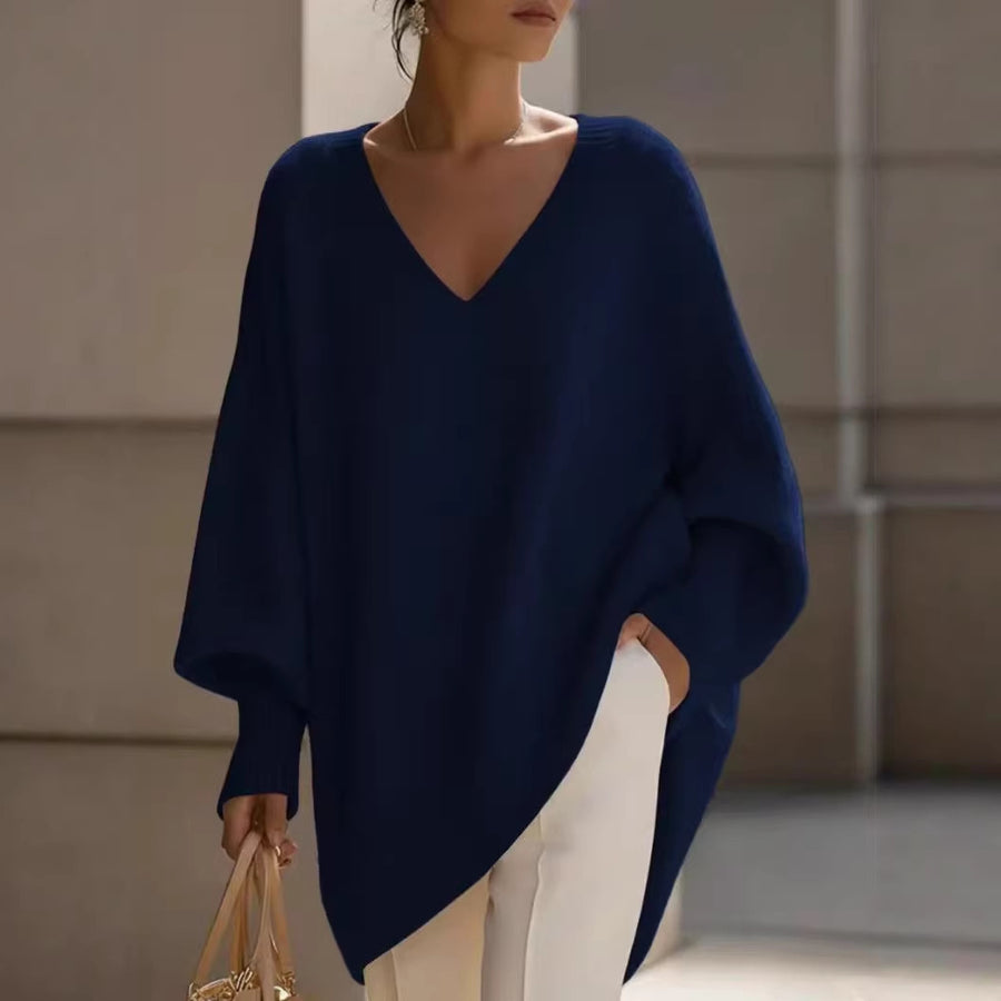 Solid-color Long-sleeve V-neck Sweater Dress for Women