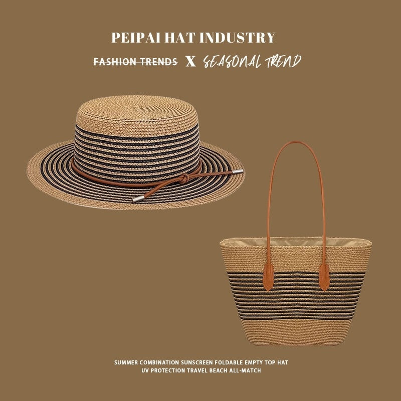 Womens Spring Summer Straw Hat and Large-capacity Bag Set