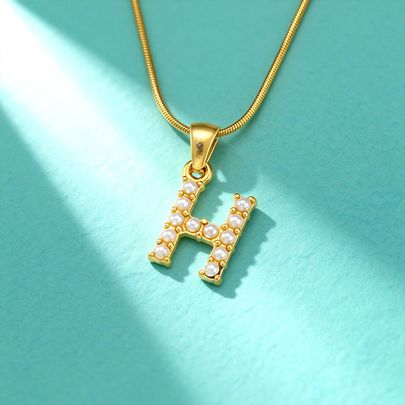 18K Gold Pearl 26-Letter Necklace for Women