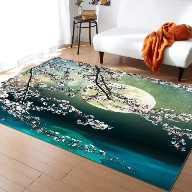Pastel Cherry Blossom and Crescent Moon Non-Slip Floor Mat