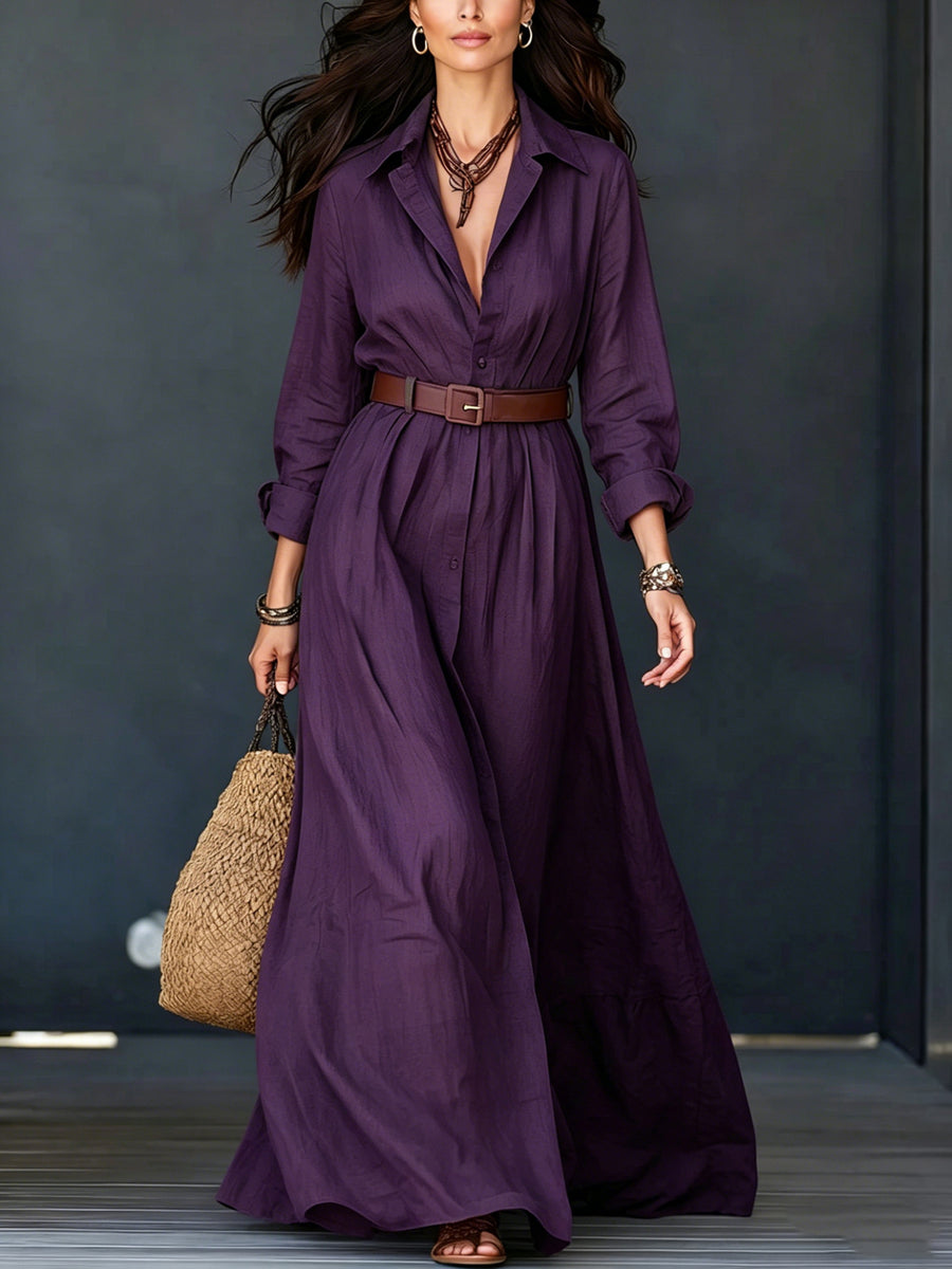 Long-sleeve Waist-cinched Floor-length Vacation Dress with Belt