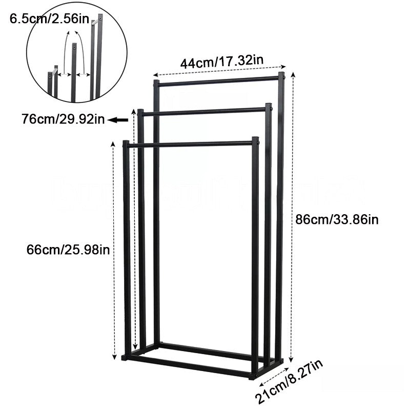 3 Tier Free Standing Towel Rail Stand Unit - Moveable Black
