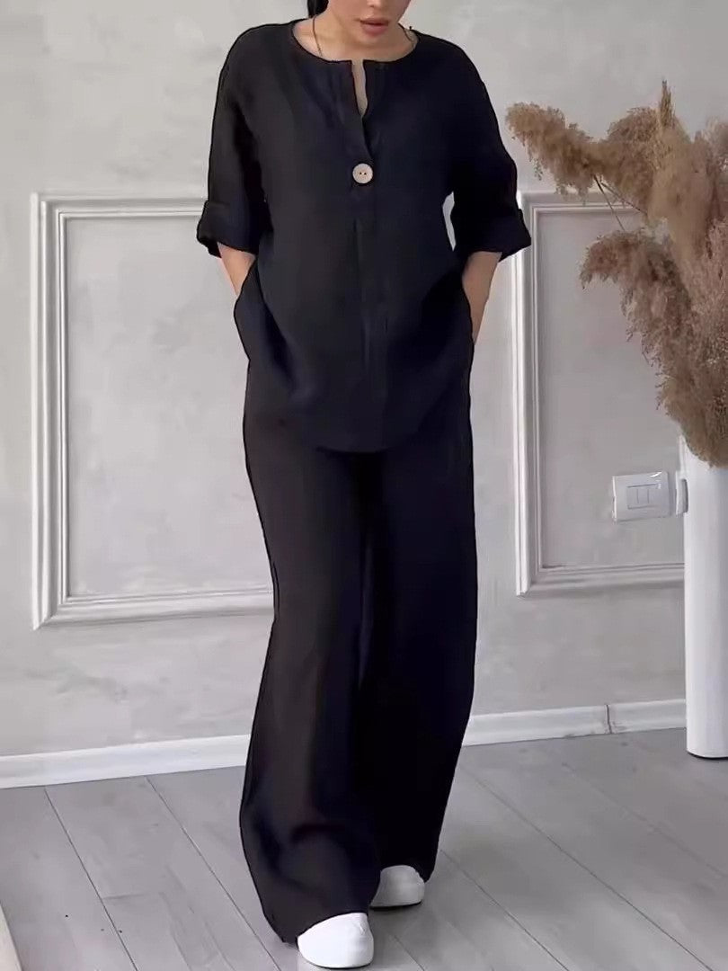 Relaxed-fit Top And Wide-leg Pants Casual Cotton-linen Set
