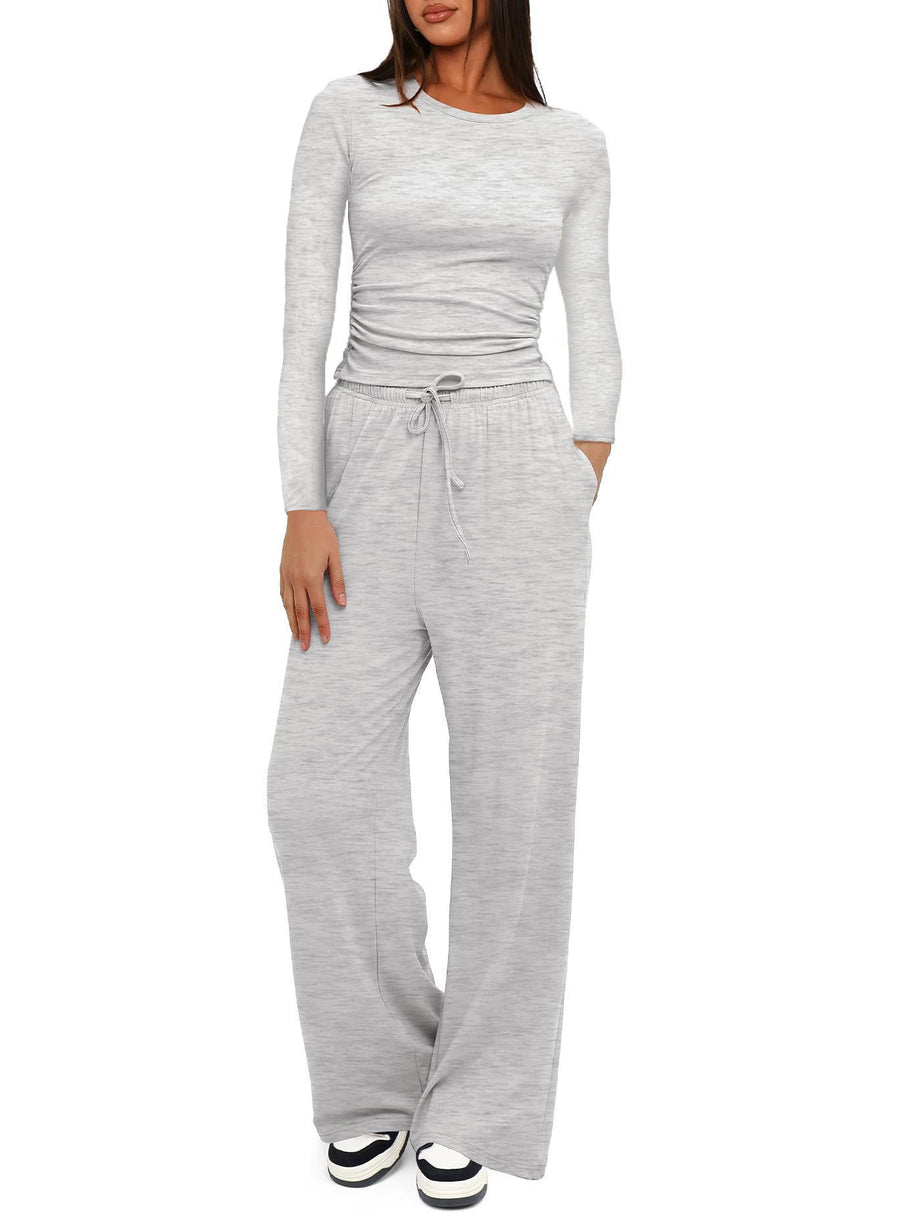 Solid-color Casual Long-sleeve Top & Wide Leg Pants Set