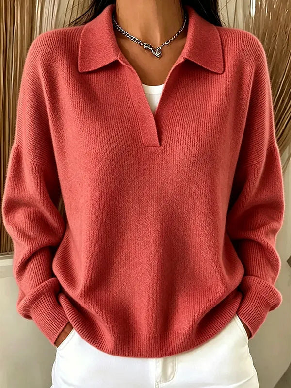 Turn-down Ribbed Knit Sweater - Casual V-neck Pullover