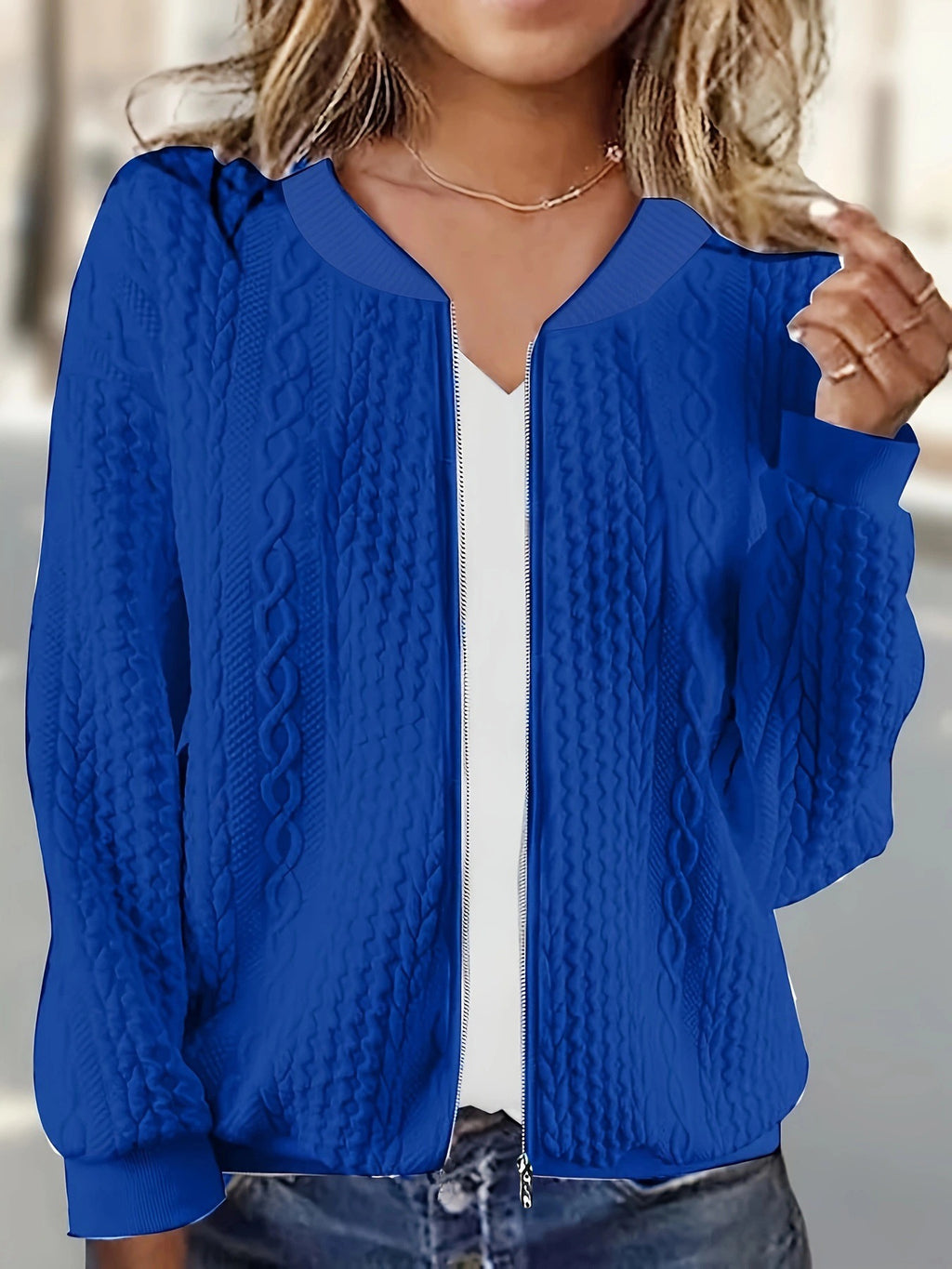 Womens Plus-size Zip-up Cable-knit Long-sleeve Jacket