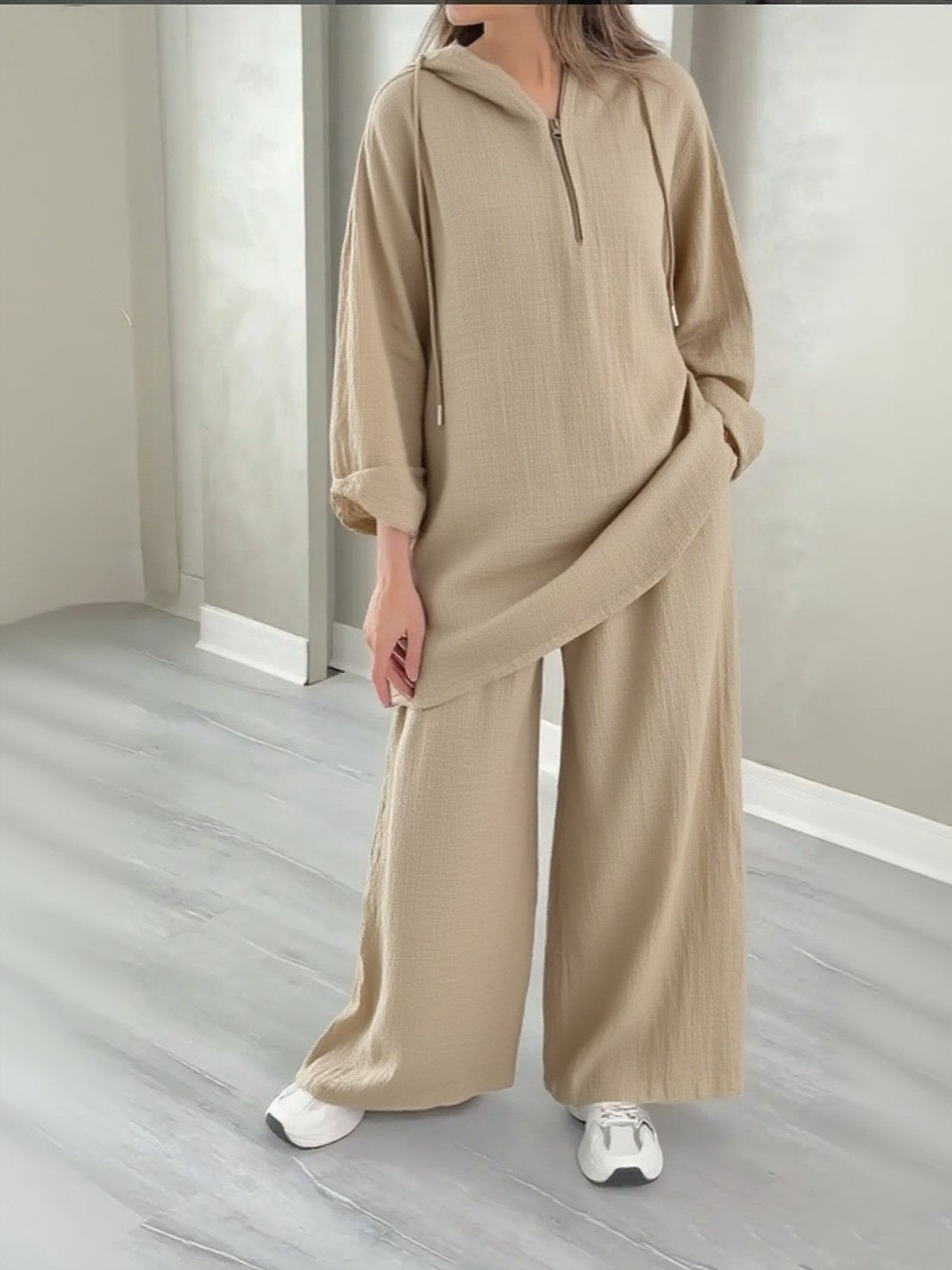 Half-Zip Top and Wide-Leg Pants Set - Trendy Ring Set