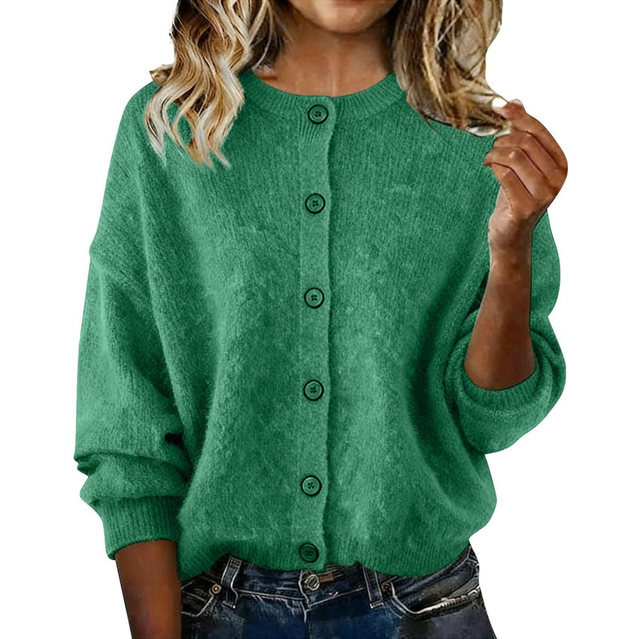 Chic Solid-Color Round-Neck Long-Sleeve Cardigan