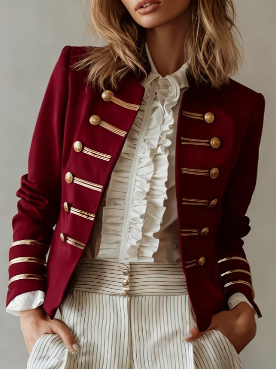Navy-style Gold-striped Buttoned Jacket for Chic Outfits