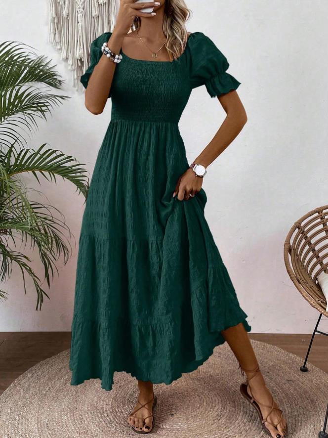 Square-neck Waist-cinched Elegant Short-sleeved Dress