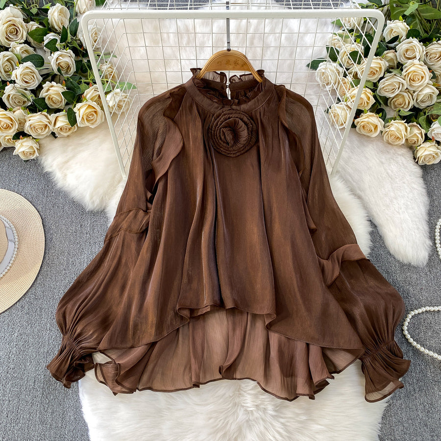 Gentle Elegant Floral Ruffled-edge Blouse for Girls
