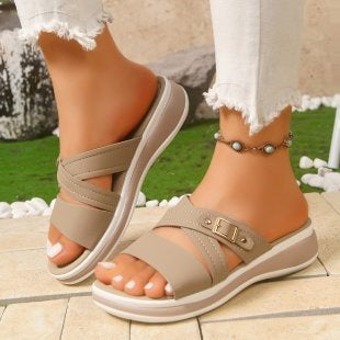 Light Khaki Flip-Flops with Double Straps - Women's Platform Wedge Sandals